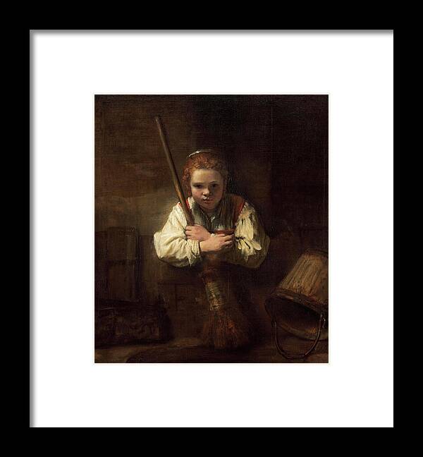 Oil On Canvas Framed Print featuring the painting Rembrandt Workshop -Possibly Carel Fabritius- A Girl with a Broom. by Rembrandt Workshop -Possibly Carel Fabritius-