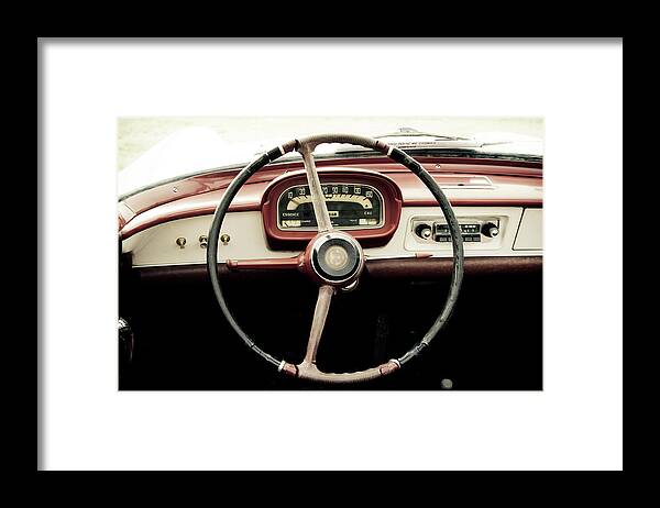 Car Interior Framed Print featuring the photograph Retro Car Driving Wheel by Malhrovitz