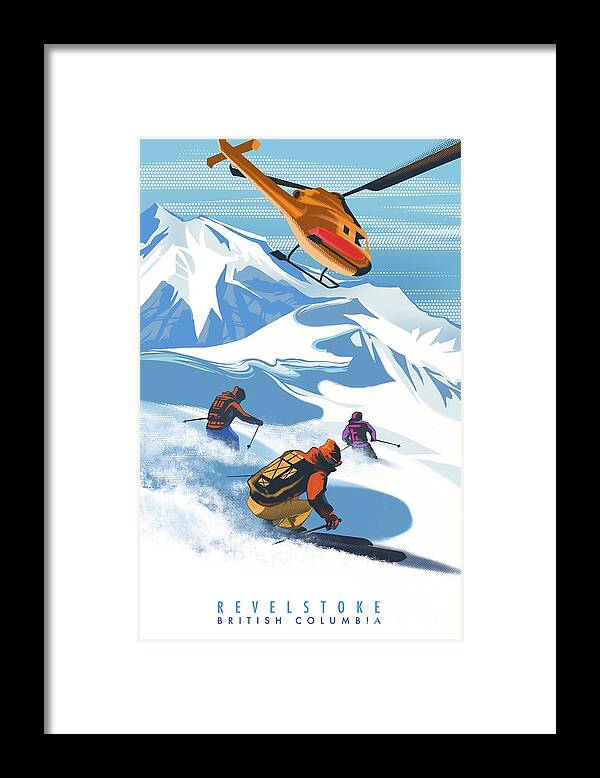 Skiing Framed Print featuring the painting Retro Revelstoke Heliski Travel Poster by Sassan Filsoof