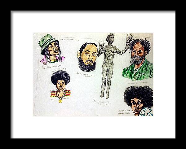 Black Art Framed Print featuring the drawing Rev. Powell, Nipsey, Mumia, Aretha, and Assata by Joedee