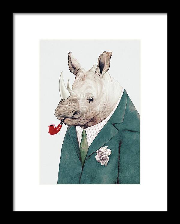 #faatoppicks Framed Print featuring the painting Rhino in Teal by Animal Crew