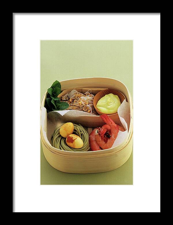 Ip_11166261 Framed Print featuring the photograph Rice Noodles, Quail's Eggs In A Nest Of Noodles, And Prawns, All In A Bamboo Basket by Hay, John