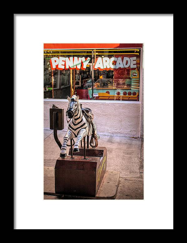 Manitou Springs Framed Print featuring the photograph Ride The Zebra At The Penny Arcade by Kristia Adams