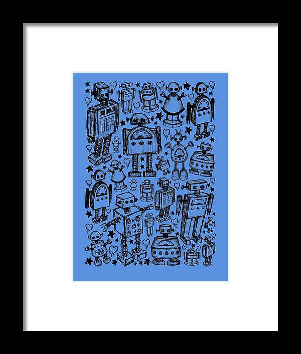 Robot Framed Print featuring the drawing Robot Crowd Graphic by Roseanne Jones