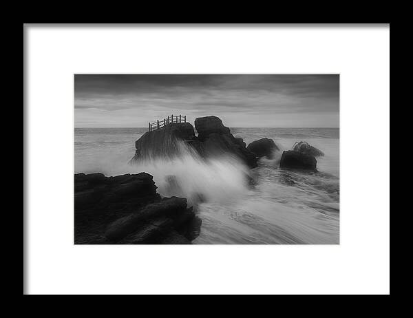 Rocks;waves;portugal;ocean Framed Print featuring the photograph Rocks In Waves by Leah Xu