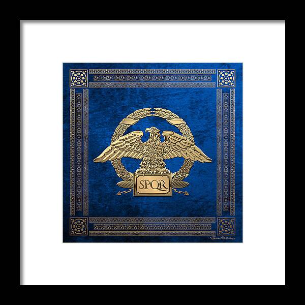 ‘treasures Of Rome’ Collection By Serge Averbukh Framed Print featuring the digital art Roman Empire - Gold Roman Imperial Eagle over Blue Velvet by Serge Averbukh