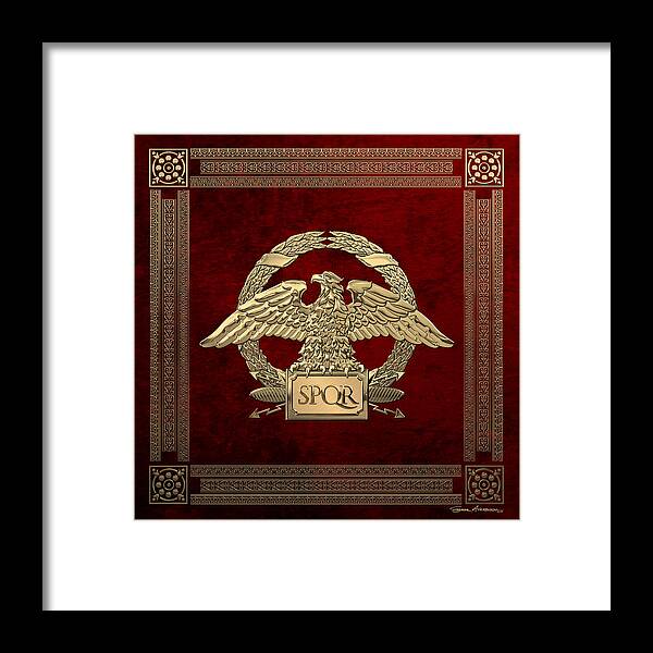 ‘treasures Of Rome’ Collection By Serge Averbukh Framed Print featuring the digital art Roman Empire - Gold Roman Imperial Eagle over Red Velvet by Serge Averbukh