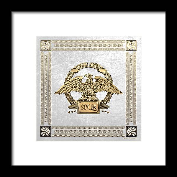 ‘treasures Of Rome’ Collection By Serge Averbukh Framed Print featuring the digital art Roman Empire - Gold Roman Imperial Eagle over White Velvet by Serge Averbukh