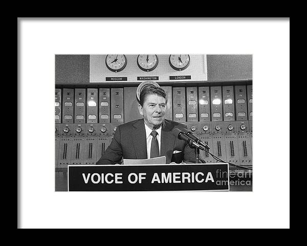 1980-1989 Framed Print featuring the photograph Ronald Reagan Making Radio Speech by Bettmann