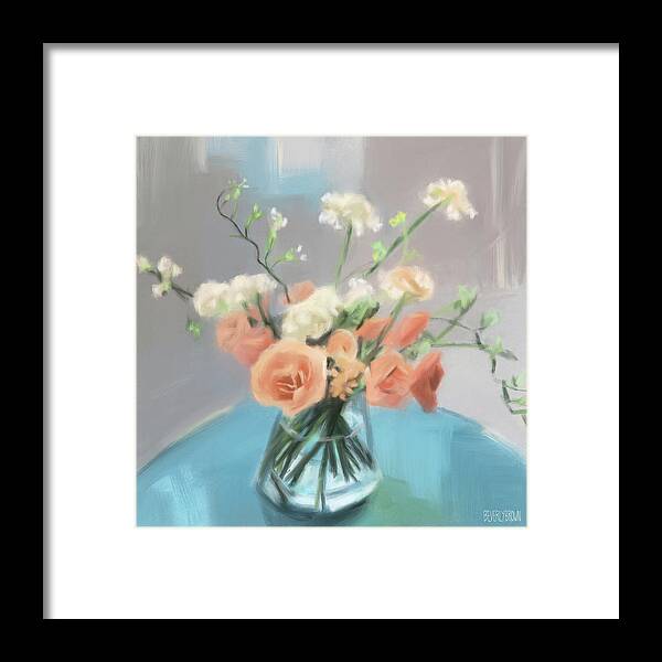 Rose Framed Print featuring the painting Roses Peach Blue Grey by Beverly Brown