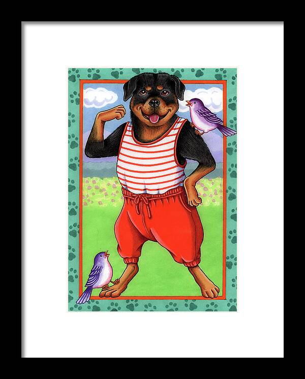 Rottweiler Workout Framed Print featuring the mixed media Rottweiler Workout by Tomoyo Pitcher