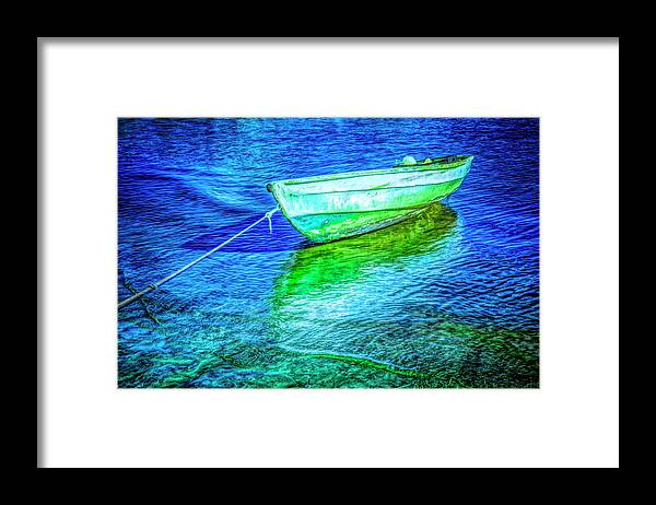 Boats Framed Print featuring the photograph Rowboat in Vivid Blues by Debra and Dave Vanderlaan