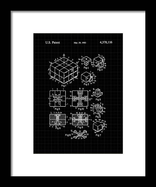 Rubik's Cube Framed Print featuring the digital art Rubik's Cube Patent 1983 - Black and White by Marianna Mills