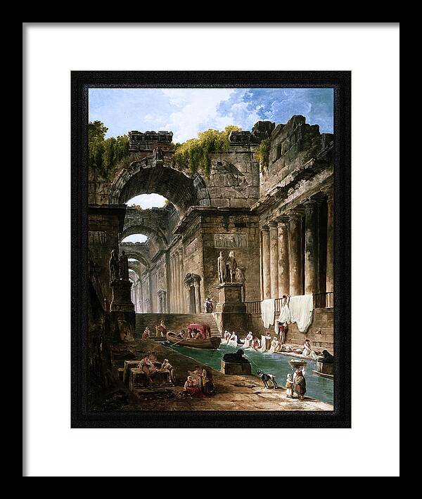 Ruins Of A Roman Bath With Washerwomen Framed Print featuring the painting Ruins Of A Roman Bath With Washerwomen by Hubert Robert by Rolando Burbon