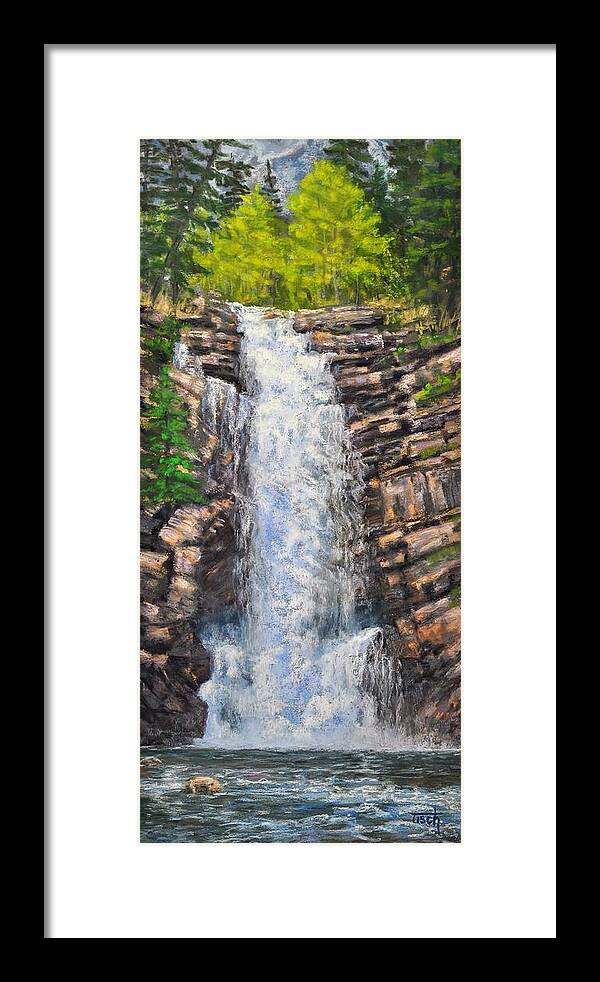 Water Falls Framed Print featuring the painting Running Eagle Falls, GNP by Lee Tisch Bialczak