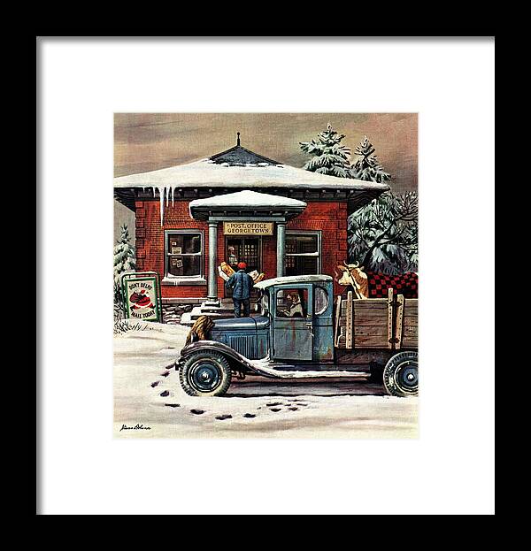 Christmas Framed Print featuring the drawing Rural Post Office At Christmas by Stevan Dohanos