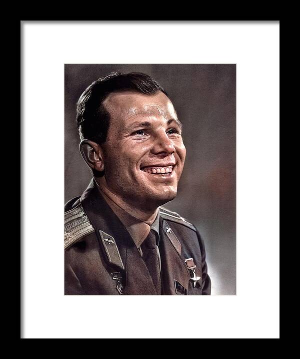 Colorized Framed Print featuring the painting Russian Astronaut Yuri Gagarin colorized by Ahmet Asar by Celestial Images