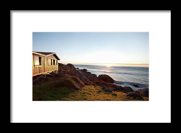 Tranquility Framed Print featuring the photograph Rustic Wooden Cabin And Pacific Ocean by Billy Hustace
