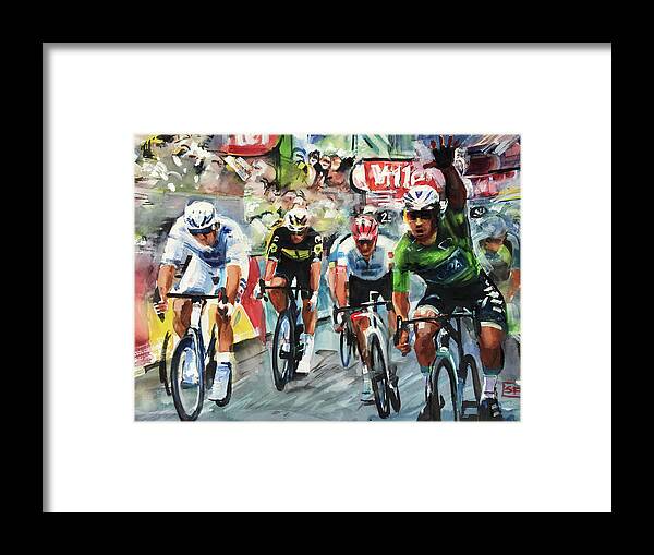 Letour Framed Print featuring the painting Sagan Salutes Stage 13 2018 by Shirley Peters