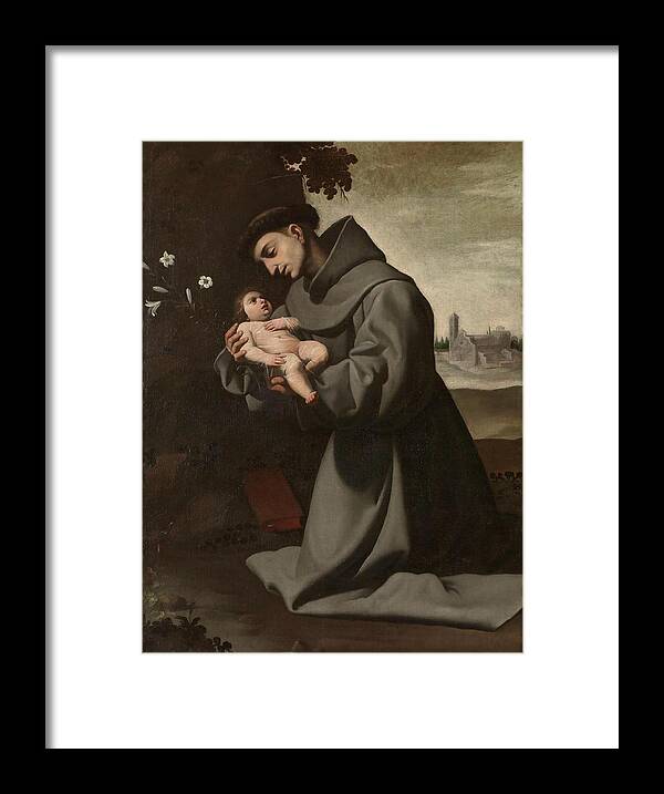Francisco De Zurbaran Framed Print featuring the painting 'Saint Anthony of Padua with the Infant Christ'. 1635 - 1650. Oil on canvas. by Francisco de Zurbaran -c 1598-1664-