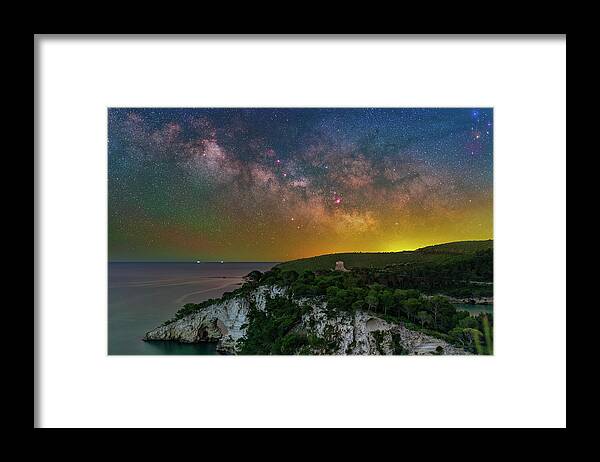 #nightscape #starscape #space #italy #puglia #gargano #milkyway #astrophotography #astronomy #astro #arch #arco #tower #torre Framed Print featuring the photograph San Felice Arch and Tower by Ralf Rohner