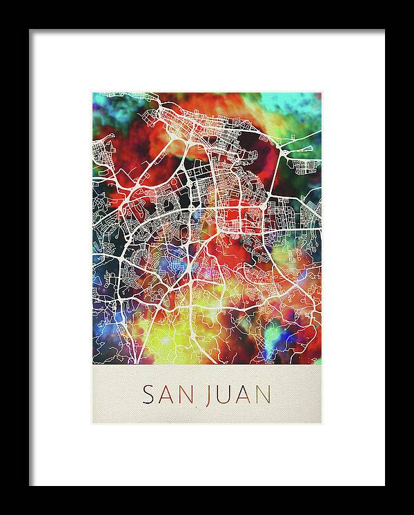 San Juan Framed Print featuring the mixed media San Juan Puerto Rico Watercolor City Street Map by Design Turnpike