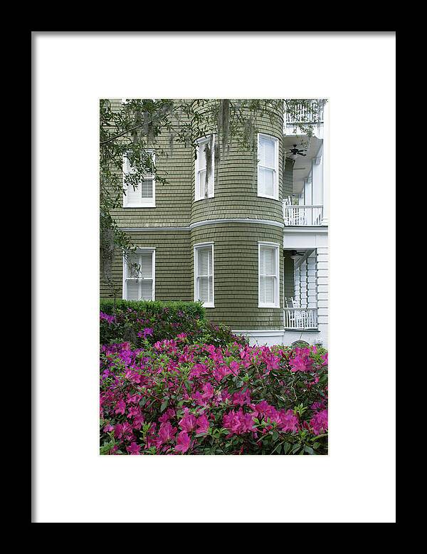 Flowers Framed Print featuring the photograph San Souci Cottage and Pink Azaleas on Jekyll Island by Bruce Gourley