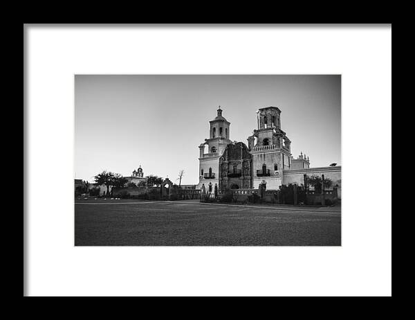 San Xavier Framed Print featuring the photograph San Xavier Mission Black and White, Tucson Arizona by Chance Kafka