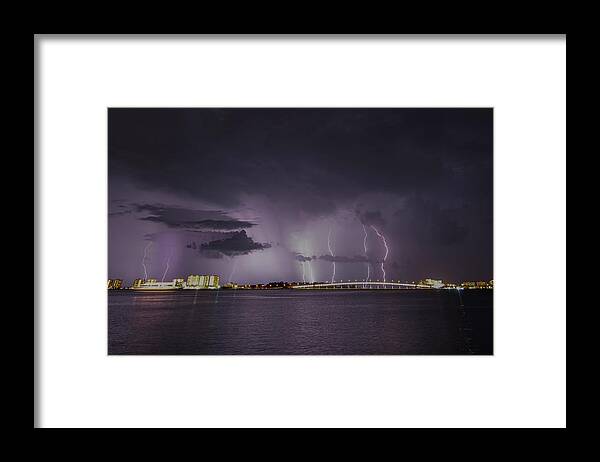 Clouds Framed Print featuring the photograph Sand Key Bridge Lightning by Joe Leone