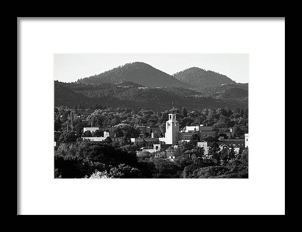 America Framed Print featuring the photograph Santa Fe Skyline and Mountain Landscape - Monochrome by Gregory Ballos