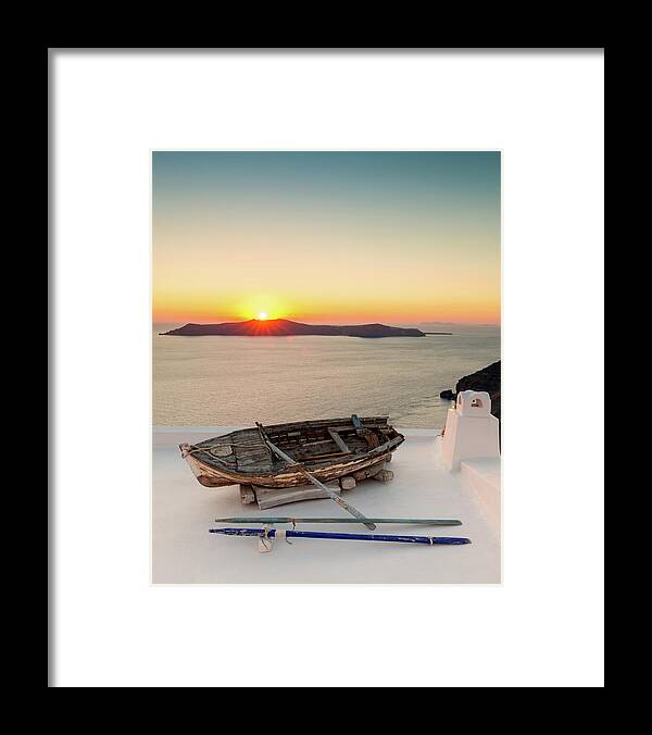 Greek Culture Framed Print featuring the photograph Santorini Old Boat Sunset, Greece by Chrishepburn