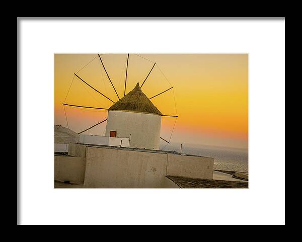 Aegean Framed Print featuring the photograph Santorini Windmill Sunset by Tito Slack