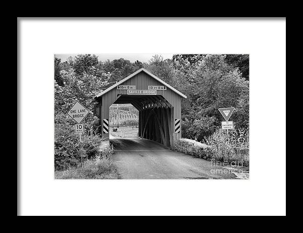Saville Covered Bridge Framed Print featuring the photograph Saville Covered Bridge Lush Landscape Black And White by Adam Jewell