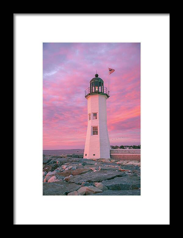 Sunrise Framed Print featuring the photograph Pink Morning at Scituate Lighthouse by Ann-Marie Rollo