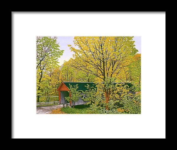 Covered Bridge With Trees Around It Framed Print featuring the painting Scott Bridge by Thelma Winter