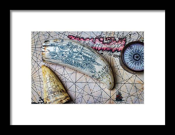 Scrimshaw Framed Print featuring the photograph Scrimshaw On Old Map by Garry Gay