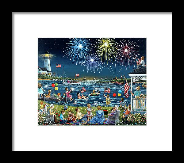 Fourth Of July Fireworks By The Water Framed Print featuring the painting Seaside On The Fourth by Sheila Lee