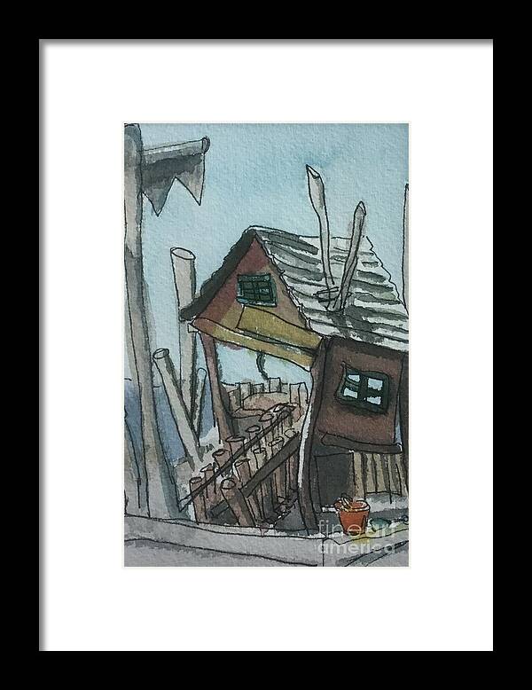 Wooden Structure Framed Print featuring the painting Seaside shack by Sonia Mocnik