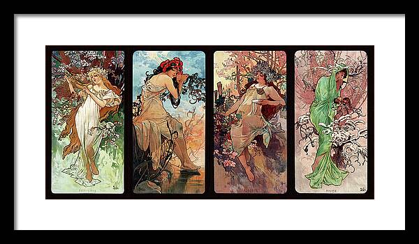 Seasons Framed Print featuring the painting Seasons by Alphonse Mucha by Rolando Burbon