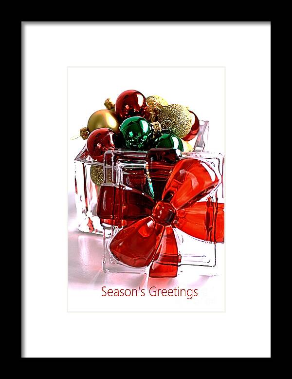 Seasons Greetings With Baubles Framed Print featuring the photograph Seasons Greetings With Baubles by Joy Watson