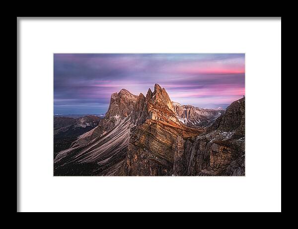 Mountains Framed Print featuring the photograph Seceda Mountain At Blue Hours by Yimei Sun