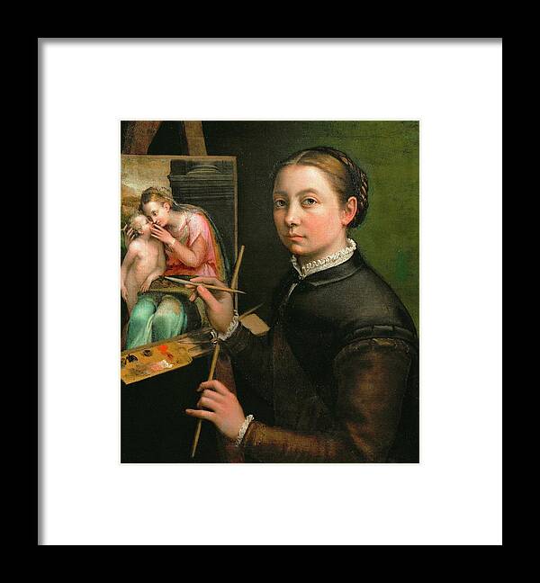 Anguissola Framed Print featuring the painting Self-portrait, painting the Madonna, 1556 Canvas, 66 x 57 cm. by Sofonisba Anguissola -c 1532-1625-