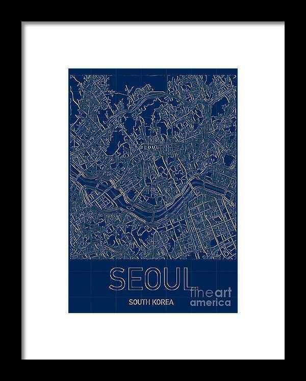 Seoul Framed Print featuring the digital art Seoul Blueprint City Map by HELGE Art Gallery