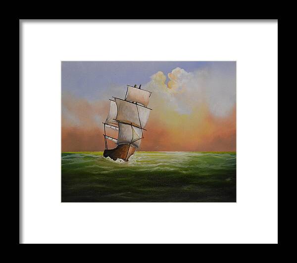 This Is An Oil Painting Of A Sailing Ship On The Ocean. The Ocean Is Calm With Small Waves Breaking On The Ship's Hull. The Sun Is Attempting To Break Out Of The Clouds. The Sun Light Is Being Reflected Off Of The Waves. The Ship Has Most Of It's Sails Opened Up For The Wind.i Created Some Low Hanging Clouds On The Horizon. The Ship Is Made Of Wood And I Detailed The Hull To Expose The Wooden Planks. This Sailing Ship Is From The 1800's. The Painting Is A Great Gift. Framed Print featuring the painting Setting Sail by Martin Schmidt