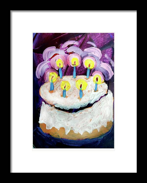Candles Framed Print featuring the painting Seven Candle Birthday Cake by Tilly Strauss