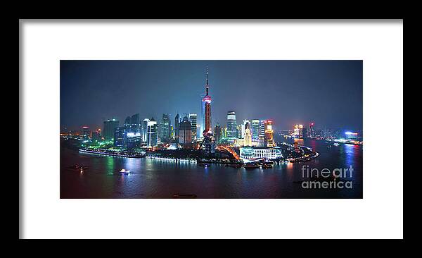 Shanghai Framed Print featuring the photograph Shanghai panorama, skyline view at night by Delphimages Photo Creations