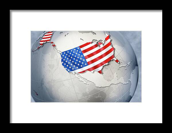 Globe Framed Print featuring the digital art Shape And Ensign Of The Usa On A Globe by Dieter Spannknebel