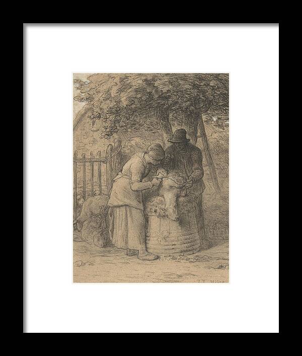 19th Century Art Framed Print featuring the drawing Sheepshearing Beneath a Tree by Jean-Francois Millet