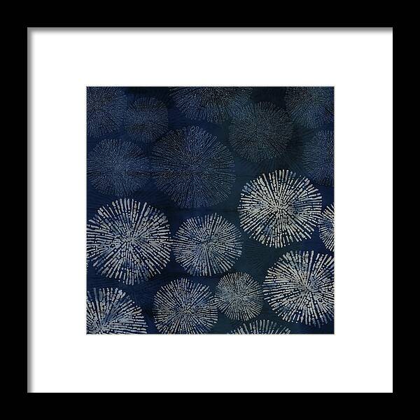 Japan Framed Print featuring the digital art Shibori Sea Urchin Burst Pattern Dark Denim by Sand And Chi