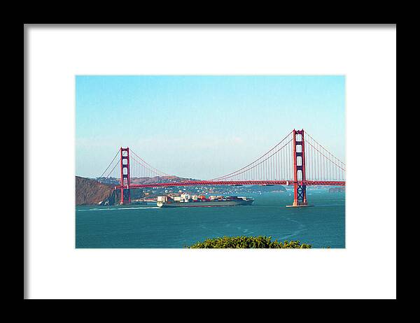 Ship Entering The Golden Gate Framed Print featuring the photograph Ship Entering The Golden Gate by Bonnie Follett